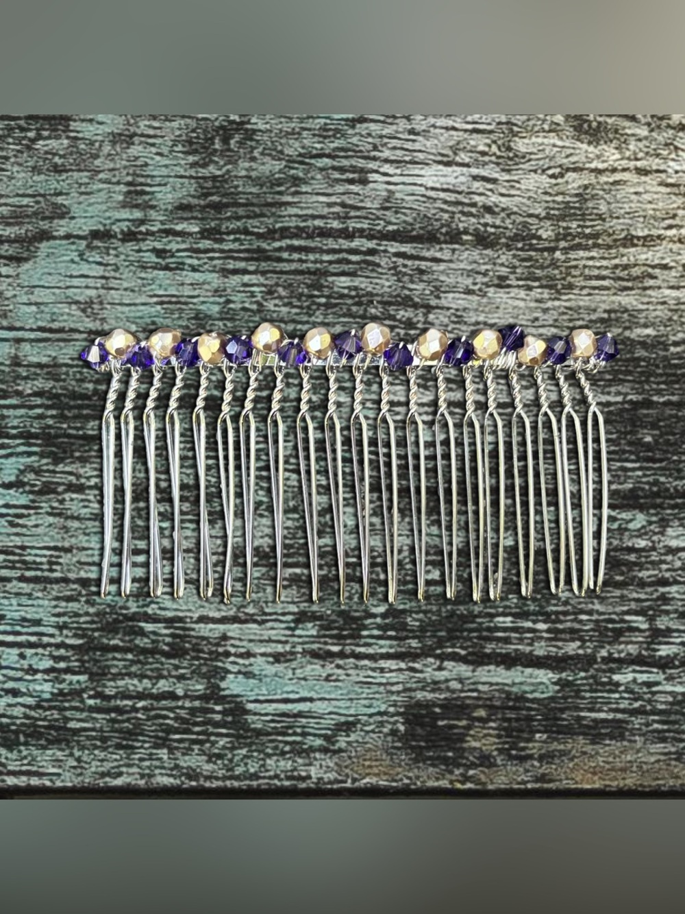 Handmade Purple Swarovski & Beige Pearlescent Czech Glass Hair Comb